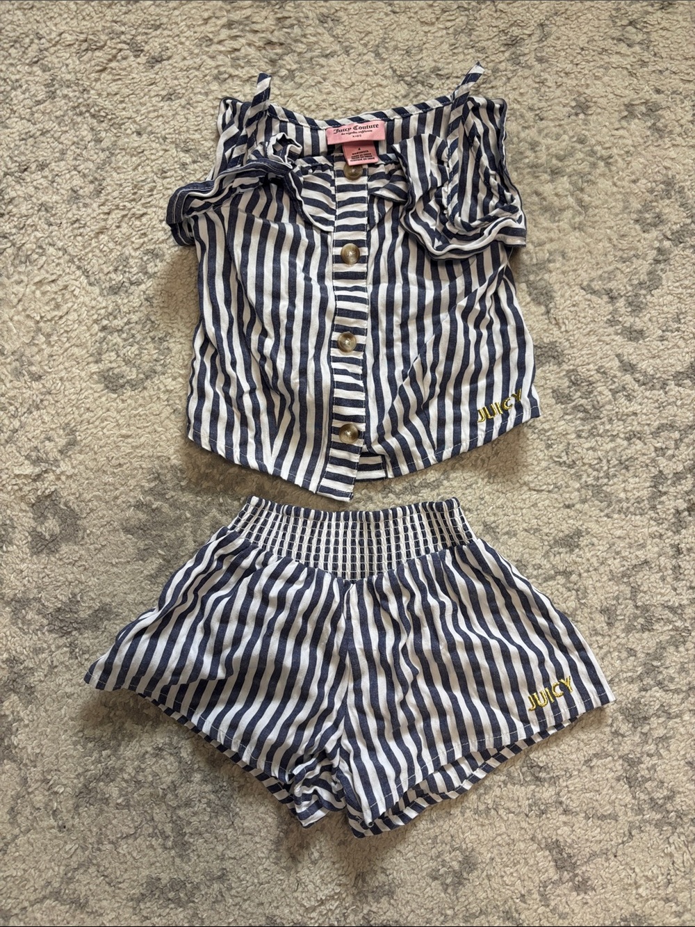 Juicy Couture Girls Size 4 Navy & White Striped Ruffle Top & Shorts 2-Piece Set